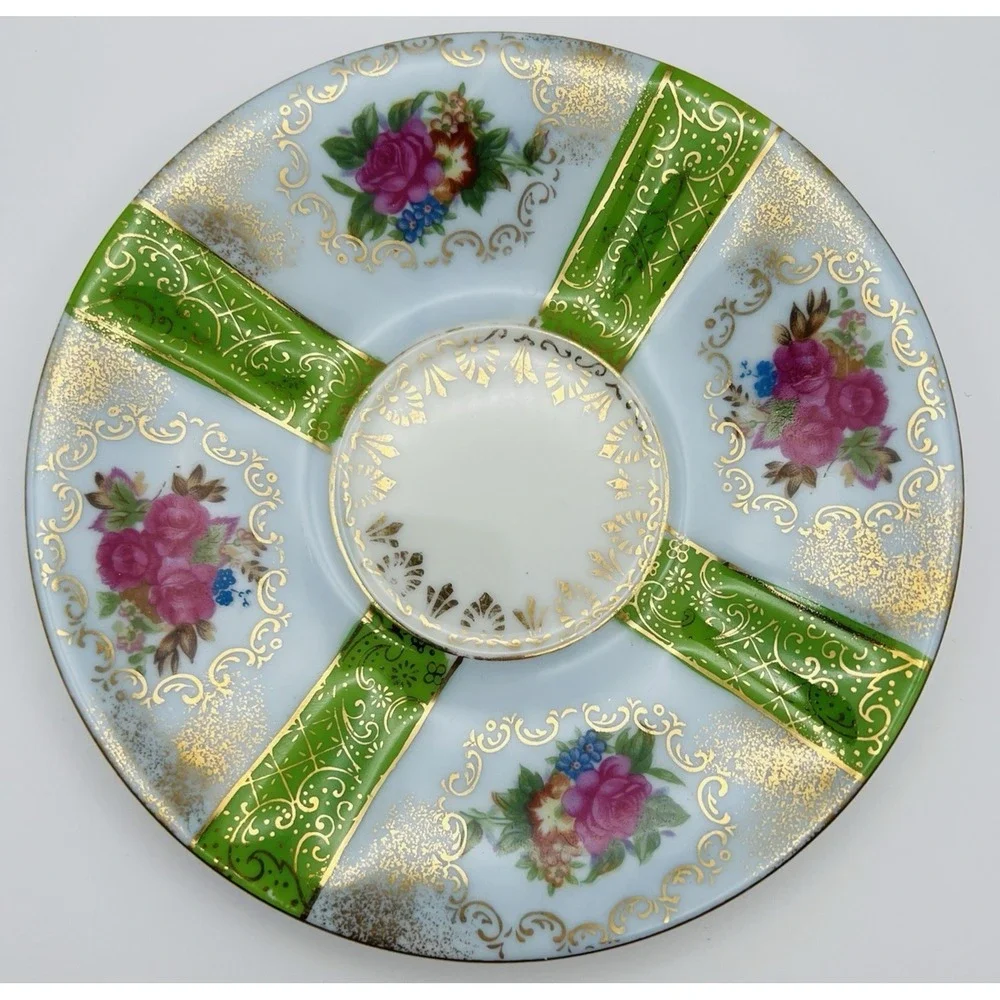 Wales Porcelain Teacup Saucer Lusterware Floral Green Gold Japan Vintage Set